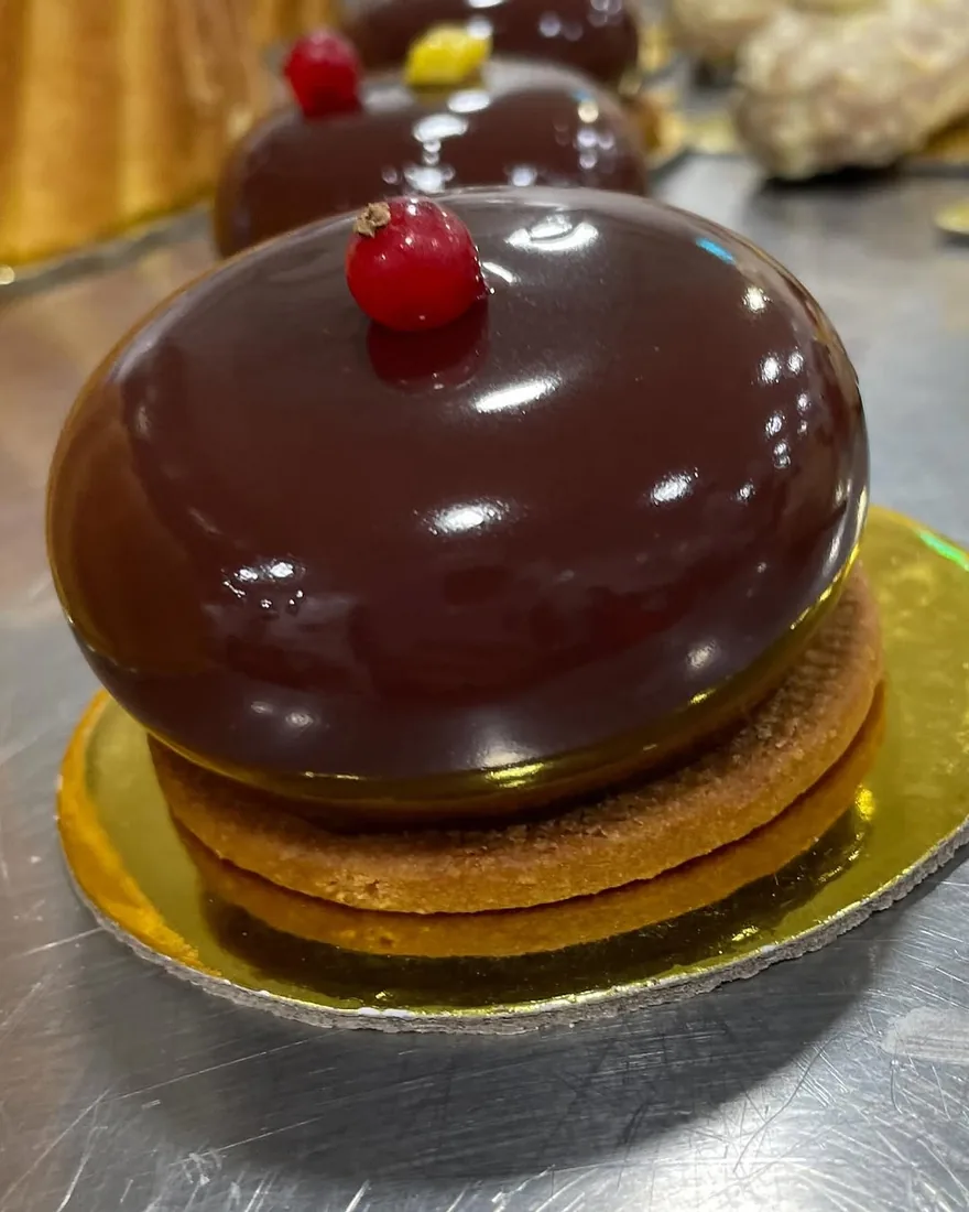 Chocolate mirror entremet, French patisserie in Amman