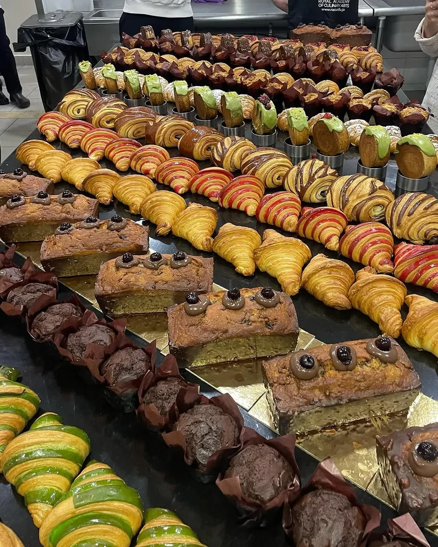 A spread of Chef Rana's croissants, cakes and pastries in Amman